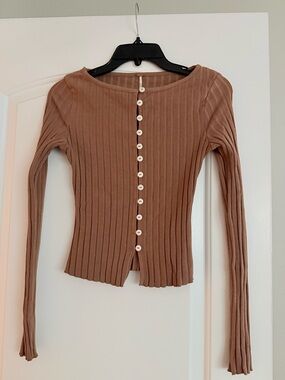 Free People Ribbed Button-Front Long Sleeve Top - Brown